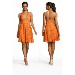 Lord & Taylor Nine West Orange Lace Halter fit Flare Party Cocktail Dress Size 6